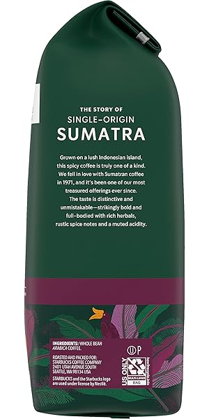 STARBUCKS WHOLE COFFEE BEANS, DARK ROAST HOT OR ICED COFFEE, SINGLE-ORIGIN SUMATRA, 12 OZ