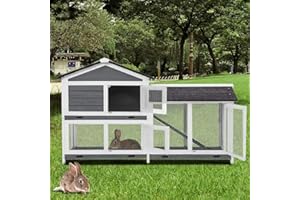 EMKK Rabbit Hutch Rabbit Cage Outdoor Bunny Hutch with Ramp Indoor Rabbit House with a Deeper No Leak Pull Out Trays Firwood Pet Cage for Rabbit, Guinea Pig, Ferret