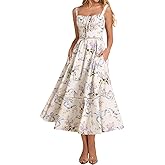 KUTUMAI Floral Corset Midi Dress Lace Up Cutout Flowy Summer Wedding Guest Dresses for Women Sundress with Pockets