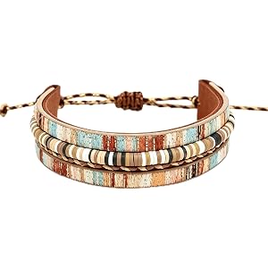 Boho Faux Leather Wrap Bracelets for Women,Stackable Clay Bead Bracelet | Bohemian Leopard Multi-Layer Beads Bracelet,Handmad
