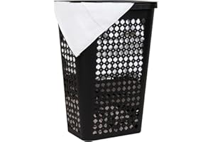 Mind Reader Slim Tapered Laundry Hamper with Lid, Clothes Basket with Swiss Cross Cut-Outs, Lightweight & Ventilated, Plastic, 16.75"L x 12.75"W x 23"H, Black