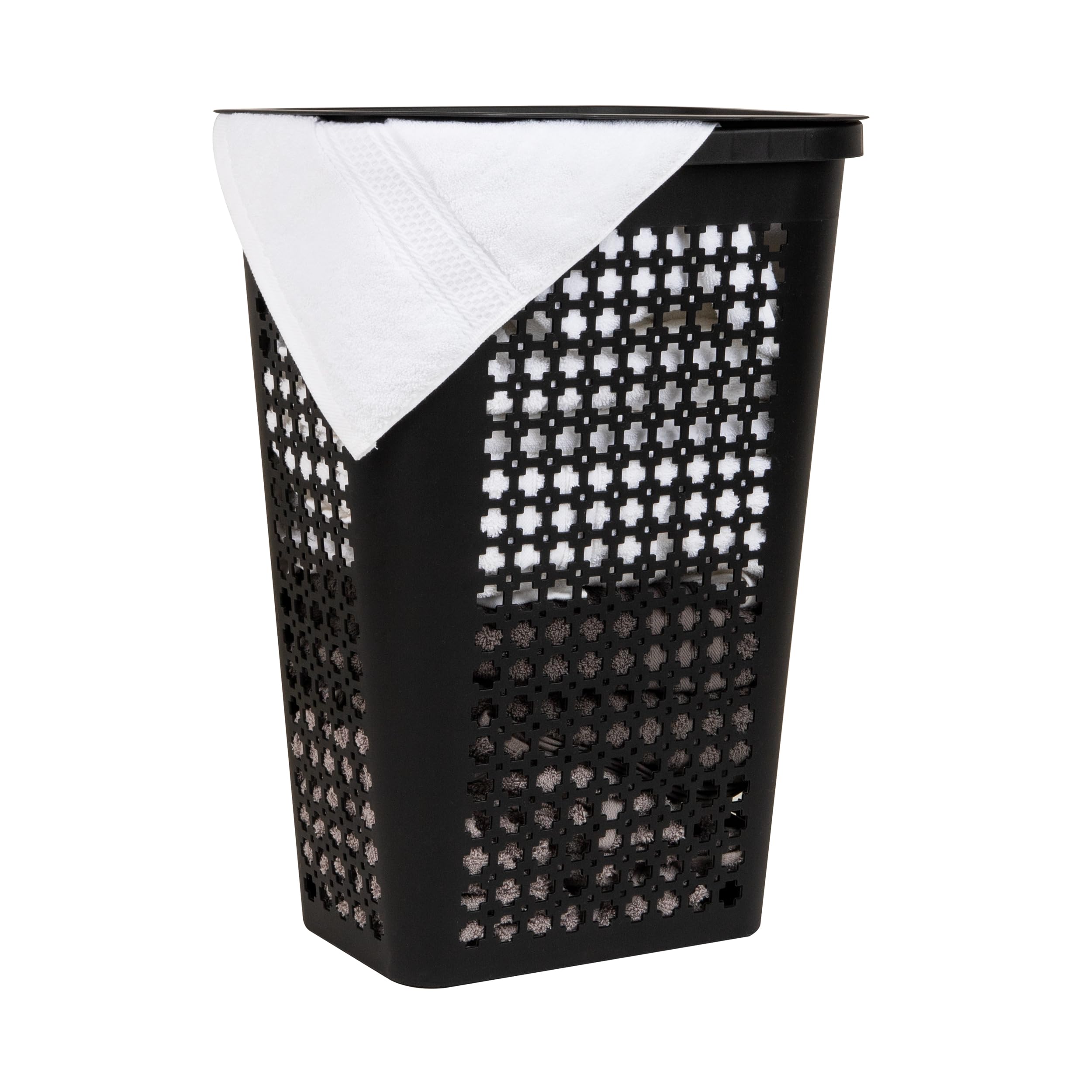Photo 1 of Mind Reader Slim Tapered Laundry Hamper with Lid, Clothes Basket with Swiss Cross Cut-Outs, Lightweight & Ventilated, Plastic, 16.75"L x 12.75"W x 23"H, Black