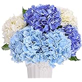 Ovveroche 6 pcs Real Touch Hydrangea Artificial Flowers, 20 Inch Blue White Lifelike Fake Hydrangeas Bouquet with Bendable Stems & Leaves for Wedding Centerpieces, Home Decor, Vase Arrangements
