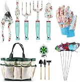 MQFORU Garden Tools Set 16 Pcs with Tote Green Flowers Ergonomic Handles view 1