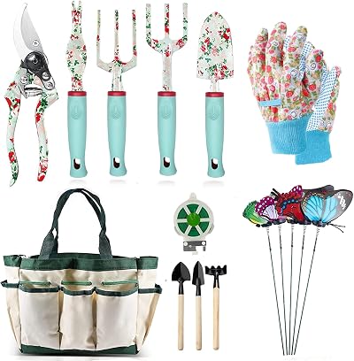 MQFORU Garden Tools Set 16 Pcs with Tote Green Flowers Ergonomic Handles