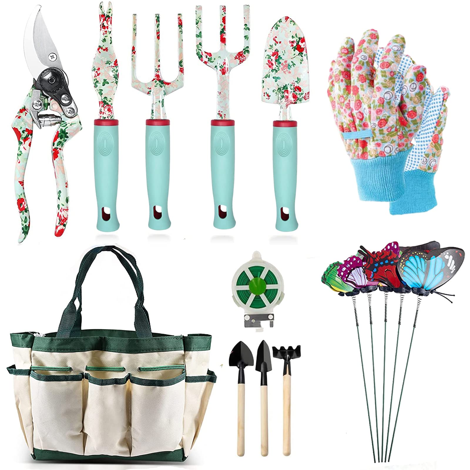 Garden Tools Set, 16 Pieces Gardening Gifts for Women & Men, Heavy Duty Floral Gardening Tools Set with Storage Bag, Ergonomic Garden Gifts Kit for Mum, Girlfriend (Green Flowers)