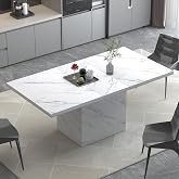 HSH 55" White Faux Marble Dining Table for 4, Rectangle Dining Room Table | Modern Kitchen Table with a Heavy-Duty Pedestal Base, Seats 4, Ideal For Meals, Work and Gatherings, Table Only
