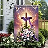 Tomhong Happy Easter Garden Flag 12x18 Inch Double Sided Outdoor Yard Banner Cross with Purple Cloth White Lilies and Doves Religious Spring Porch Lawn Home Decoration