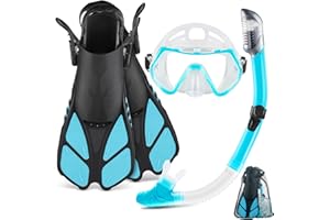 ZEEPORTE Mask Fin Snorkel Set, Travel Size Snorkeling Gear for Adults with Panoramic View Anti-Fog Mask, Trek Fins, Dry Top S