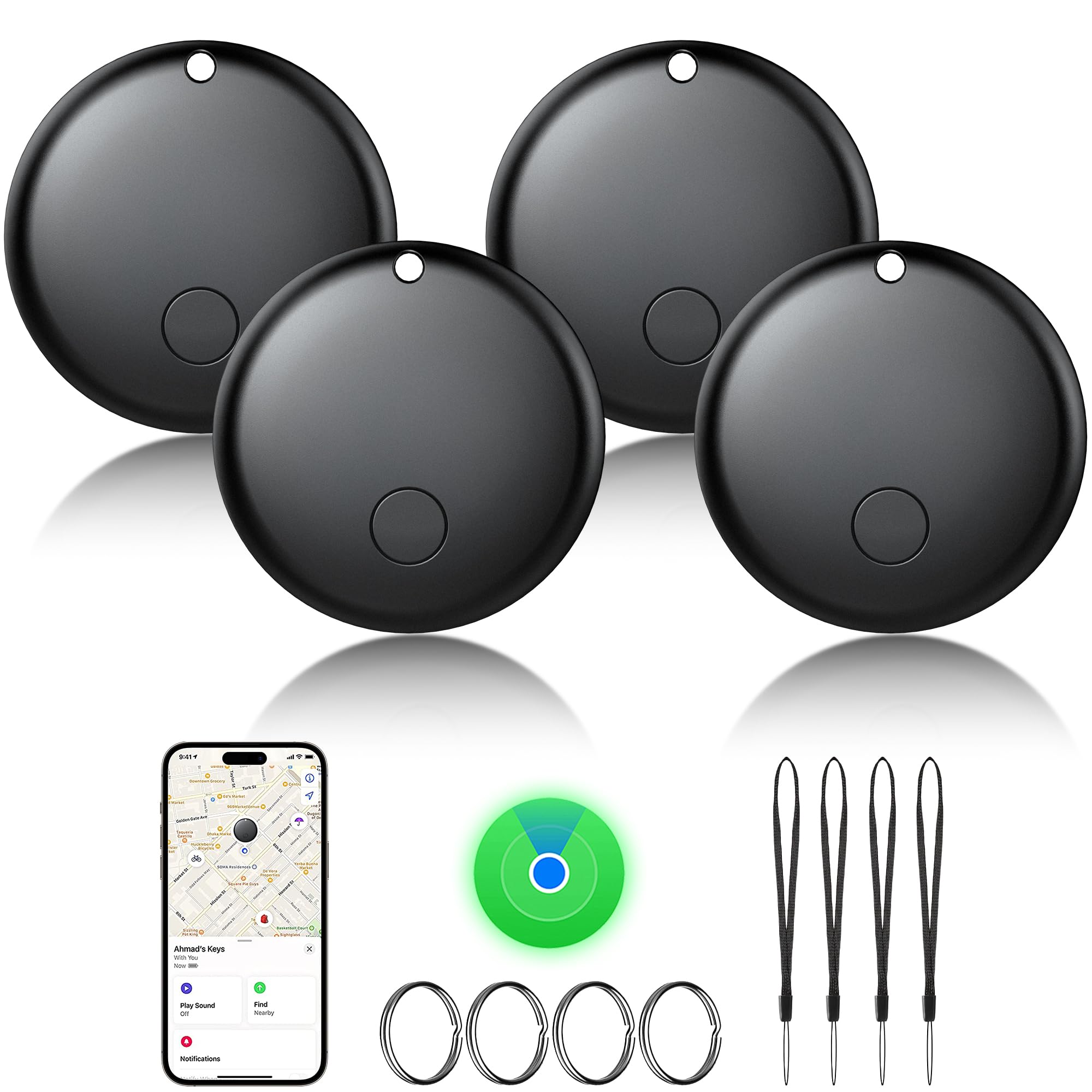 Photo 1 of 2025 Air Tracker Tags-4 Pack Bluetooth Tracker for Apple Find My app (iOS Only) Keys Finder, Smart Tag, Item Locator for Luggage, Backpack, Suitcases, Replaceable Battery (Black, 4 Pack)