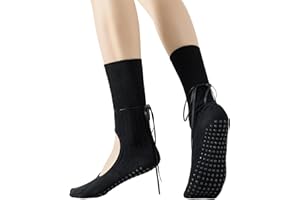 Yawlsow Pilates Socks for Women, Cute Ribbon Grip Socks Grils Long Scrunch Slouch Lace Yoga Socks for Barre Workout Dance