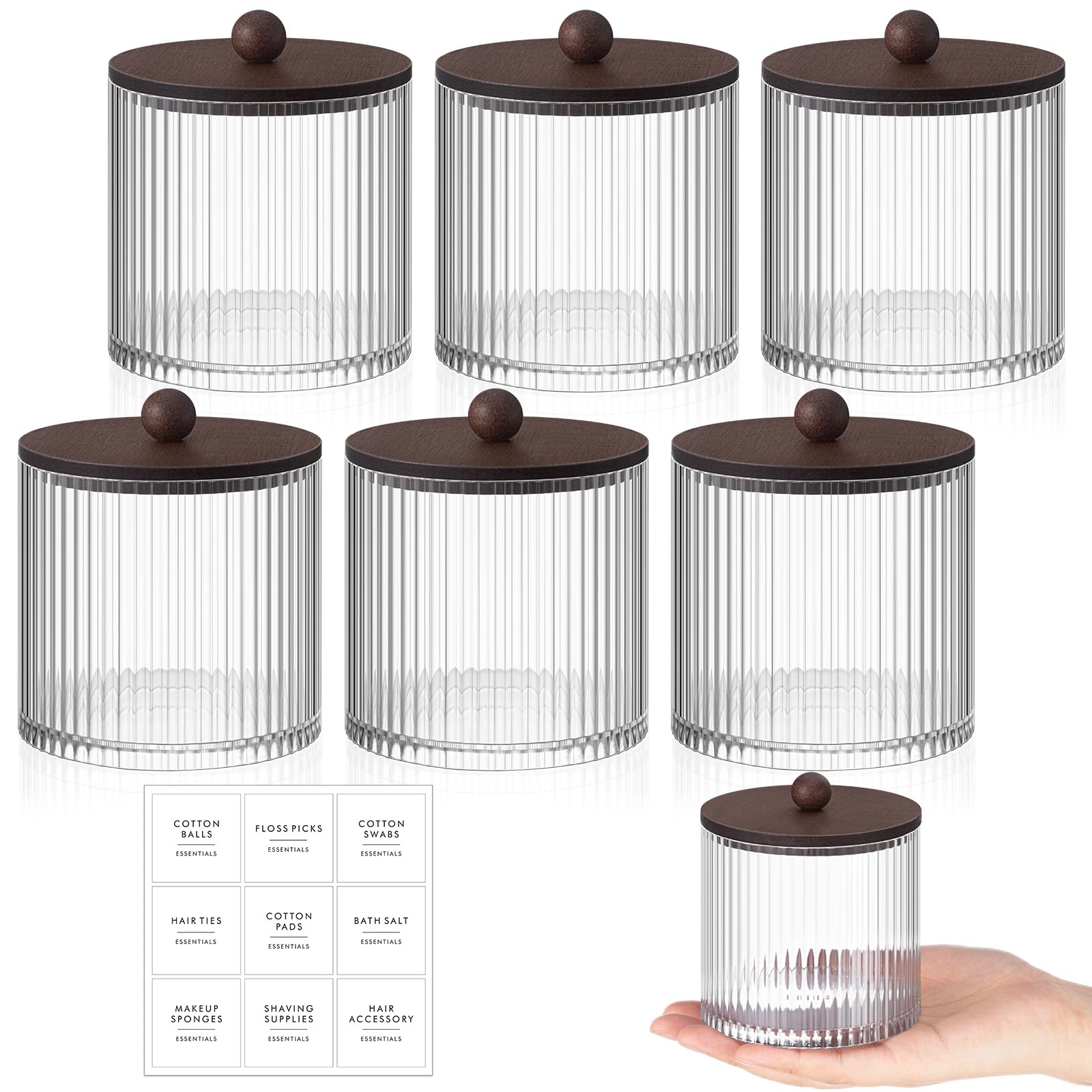 Photo 1 of Yaomiao 6 Pcs Ribbed Bathroom Canisters Apothecary Jars with Brown Bamboo Lids and Label Stickers, 18 oz Plastic Canister with Fluted Design for Cotton Ball, Swab, Floss Picks House Storage