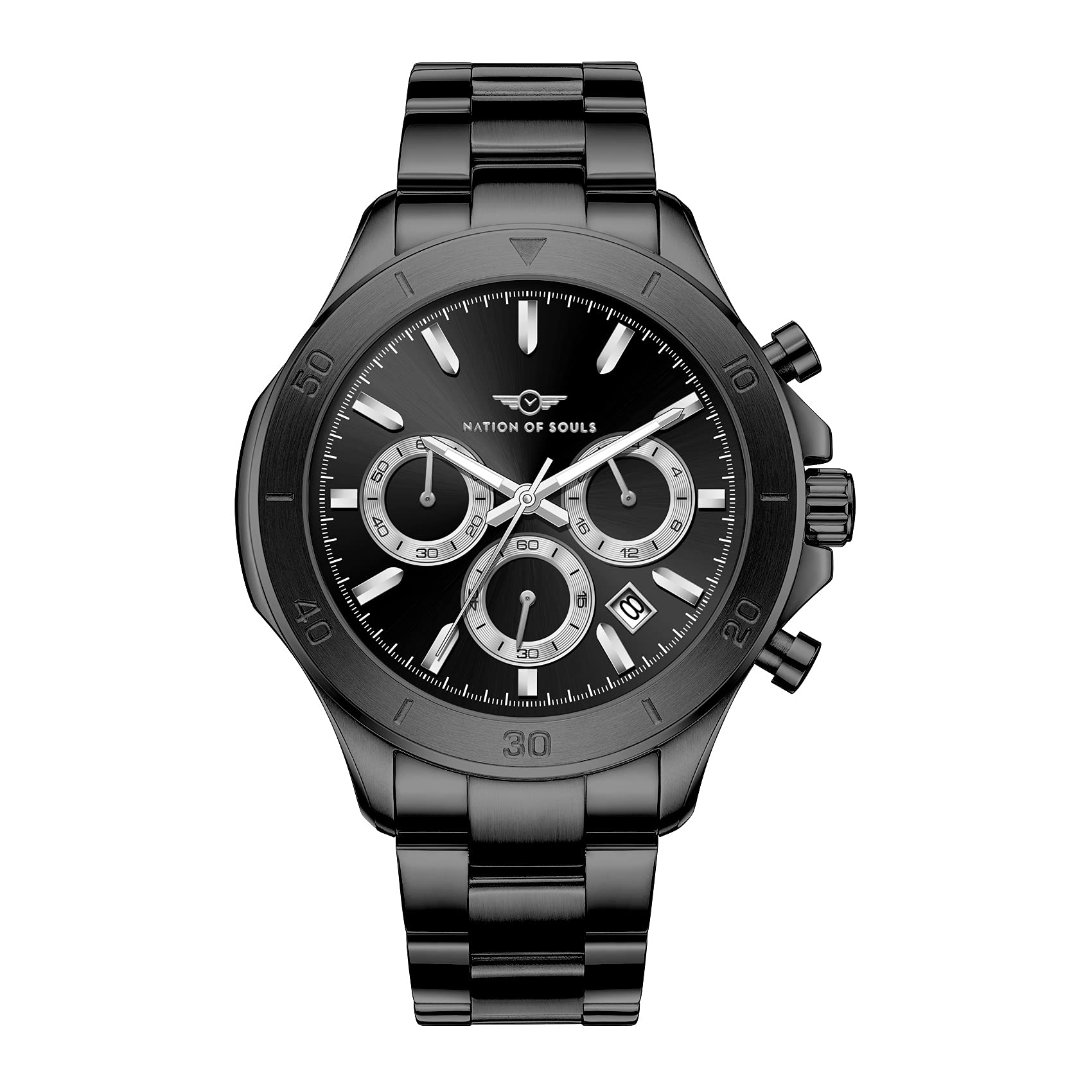 Nation of Souls Chronograph One Black and Silver Analogue Stainless Steel Watch 42mm Case with 20mm Link Bracelet Men's British Designed Wrist Watches