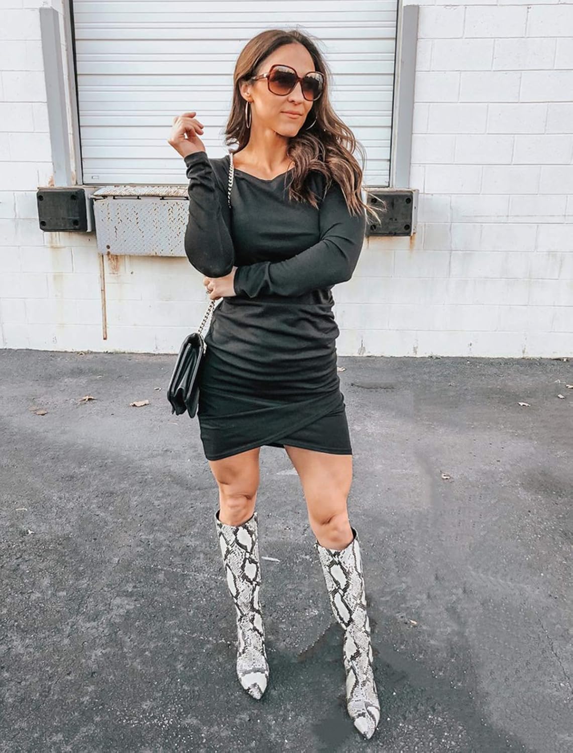 BTFBM Women Fashion Ruched Elegant Bodycon Long Sleeve Wrap Front Solid Color Casual Basic Fitted Short Dress: Clothing