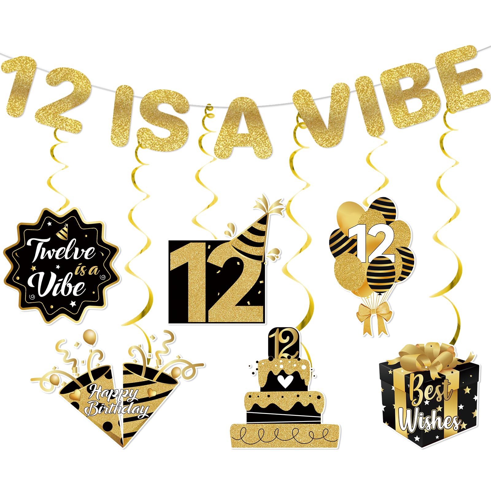 View 1 of 12 is a Vibe Banner Gold Glitter with Hanging Swirls, 12th Birthday Decorations for Girls Boys, 12 Year Old Girl Boy Birthday Decorations for Party Supplies Ideas Gifts