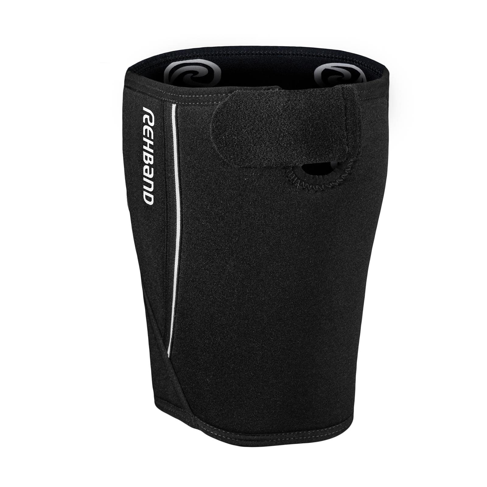 Rehband Thigh Support with Fastener, Thigh Compression Support 5mm Neoprene, 1x Thigh Sleeve for Assisting Muscle Tear & Strain, Quad Compression Sleeve, Colour:Black, Size:Medium