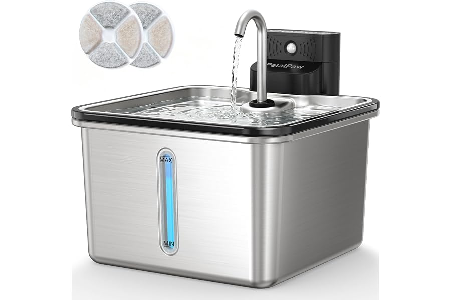 Wireless Cat Water Fountain, Water & Battery Separation, Faucet Design, PETALPAW, Cat Fountain Stainless Steel, 4000mAh, 3.5L Cordless Pet Water Dispenser for Indoor Cats & Small Dogs, Silver