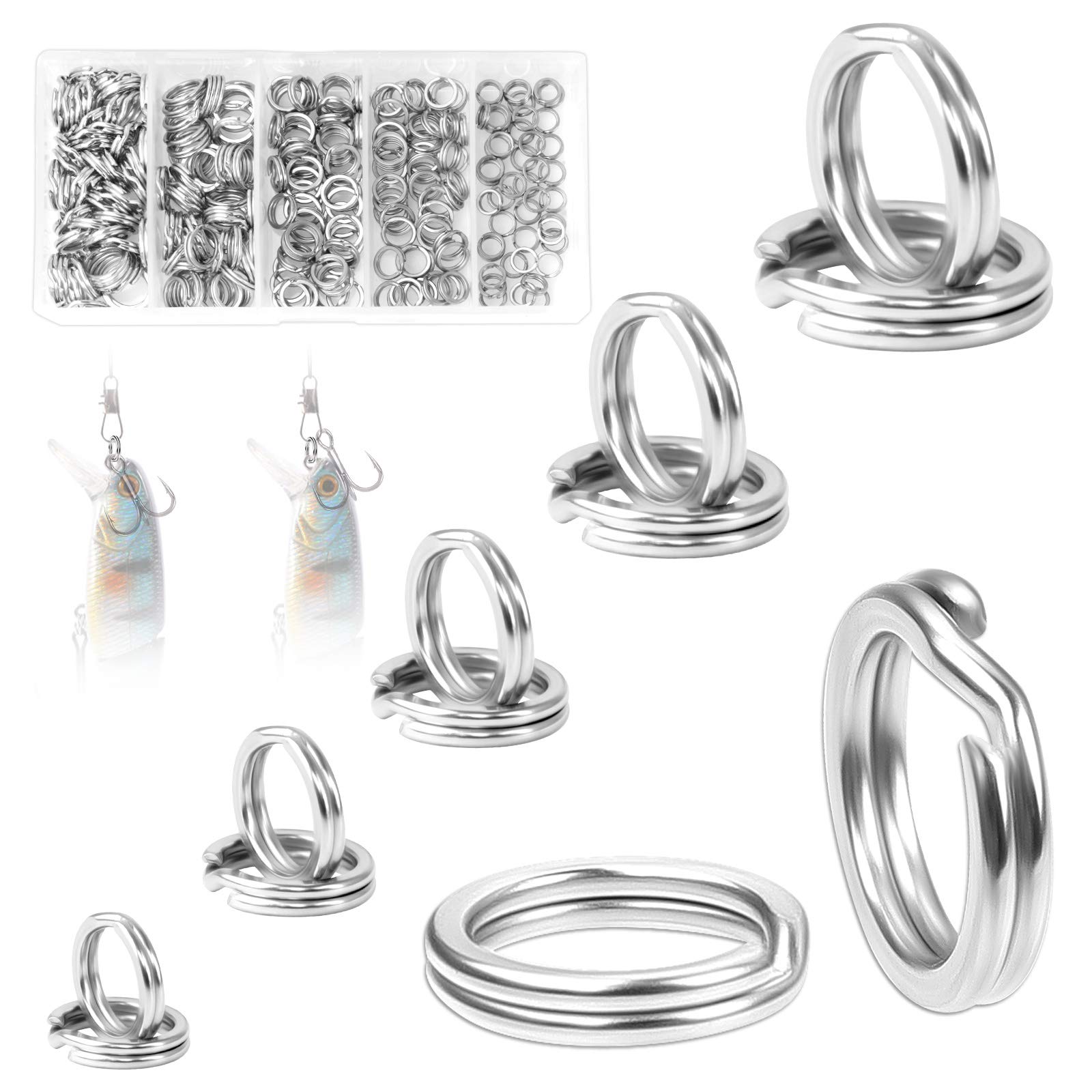 YUEYUAN 250 Pcs Stainless Steel Fishing Split Rings (5 Size) Fishing Tackle Ring, Fishing Double Ring Connector for Jigging Fishing Hooks Fishing Lures Tackle