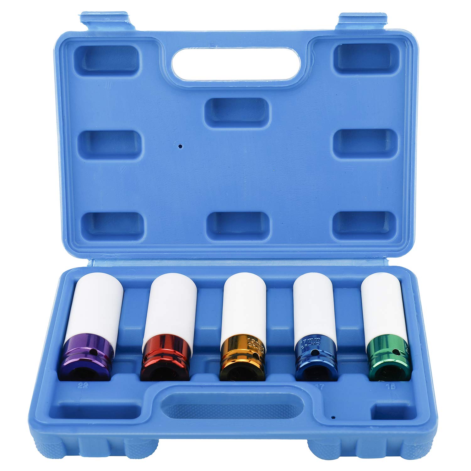 FreeTec 5pcs Wheel Socket Set, 1/2 Inch Impact Wheel Nut Socket Set, Thin Wall Deep Reach Metric Impact Driver Socket Sets 15mm 17mm 19mm 21mm 22mm