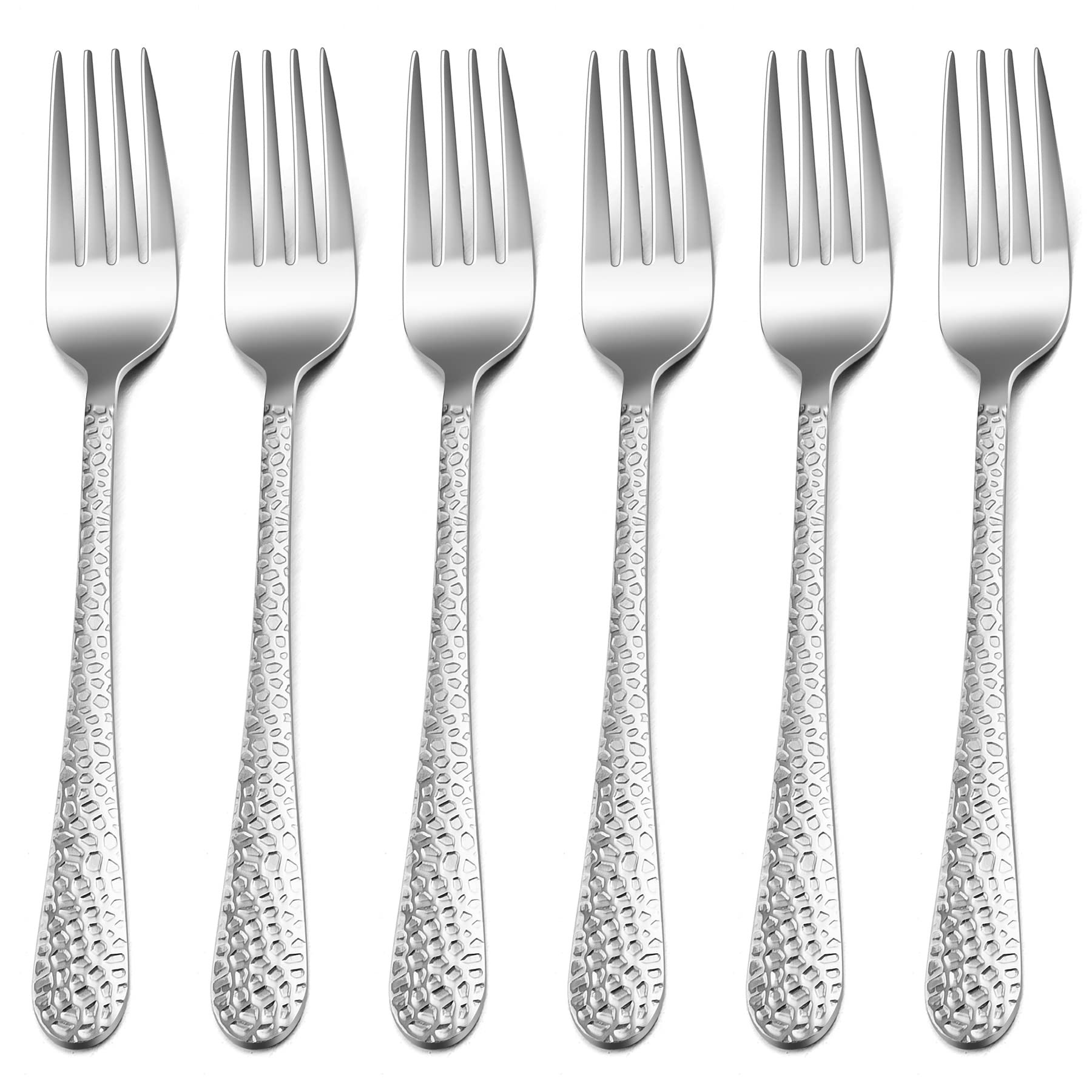 HaWare 6 Piece Large Stainless Steel Dinner Table Forks with Hammered Handle for Home, Kitchen, Restaurant, Mirror Polished & Dishwasher Safe, 20cm