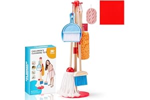 WHOHOLL Wooden Kids Cleaning Toy Set Toddler Broom and Dustpan Set for Housekeeping 9 Pcs Broom and Mop Set for Toddlers 3-5, Baby Cleaning Toys with Sponge, Christmas Birthday Gifts for Boys Girls
