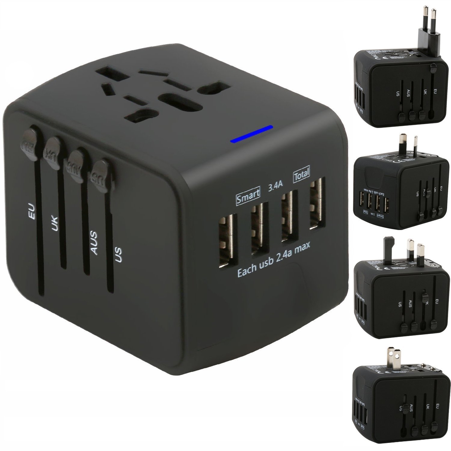 Universal Travel Adapter - 4 USB 3400mA MAX Wolrd Travel Adapter for iPhone iPad Laptop Android Phone Shaver Cameras etc - Plug Adapter Charger for US UK EU AU etc - Covers over 150 Countries (Black)