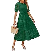 ZESICA Women's 2026 Summer Short Puff Sleeve Crewneck Smocked Floral Lace Flowy A Line Tiered Maxi Dresses