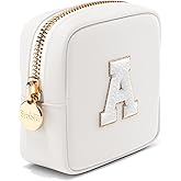 Embla Preppy Makeup Bag Travel Cosmetic Pouch, Cute Make up Case with Personalized Initial, Girls Zipper Pouch Purse Cosmetics Organizer Tote, Waterproof Travel Skincare Makeup Bag, White (Letter A)