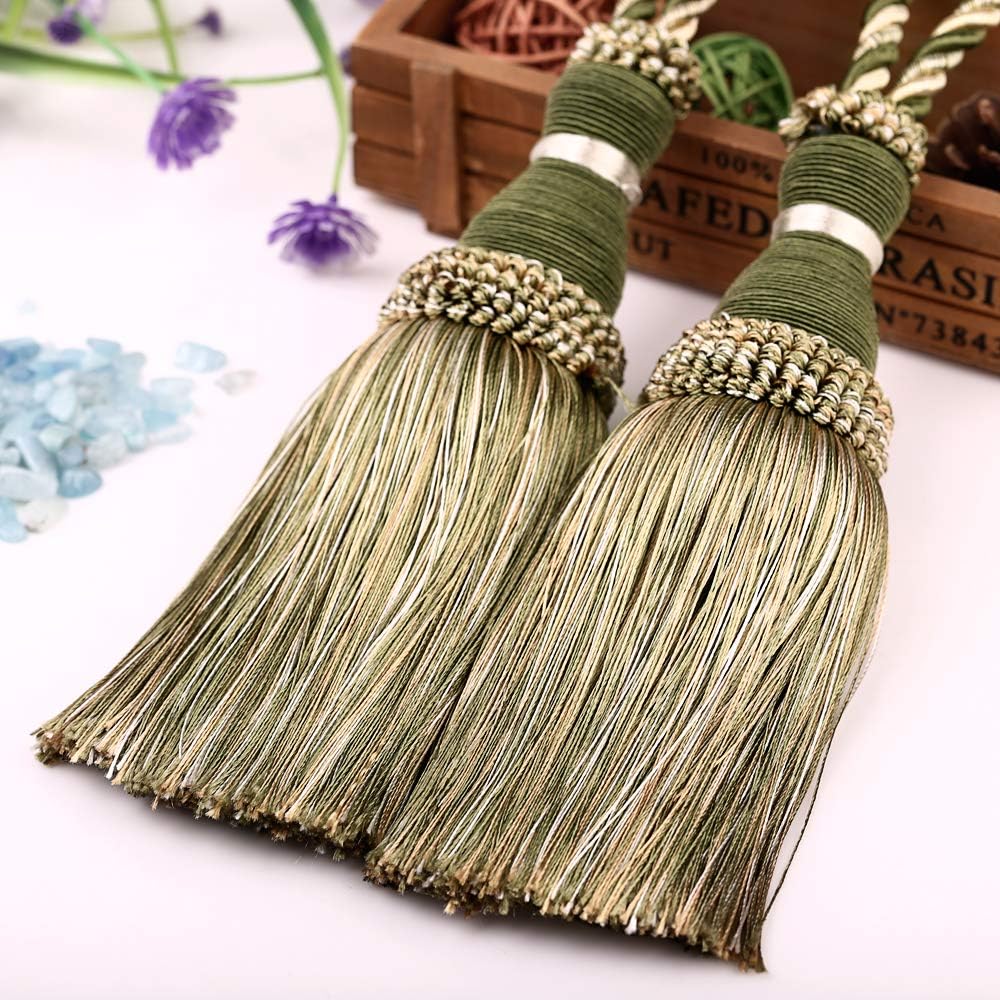 KISENG Curtain Tassel Tiebacks, Beaded Tassels Curtain Tiebacks Rope Holdbacks for Bedroom,Tassels Curtain Tiebacks,Set of 2 (Grass Green)