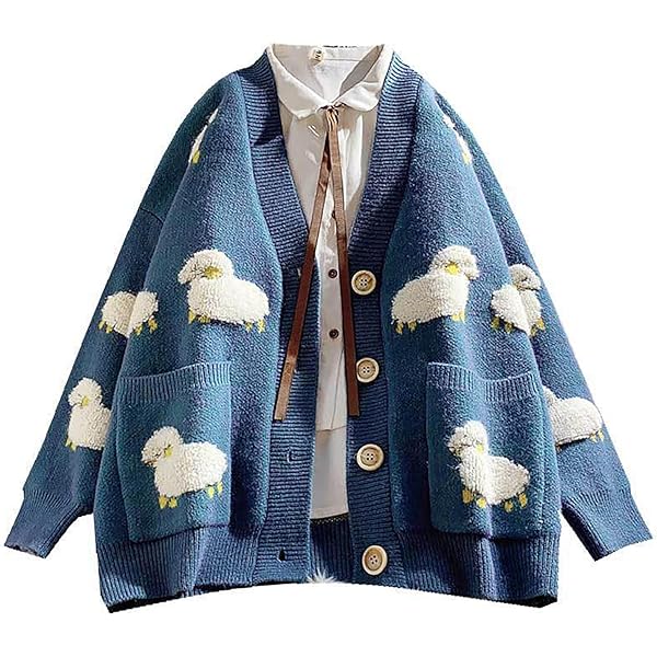 OVY Lamb Wool Crew Neck Cardigan サイズ L Women Long Sleeve Knit Loose Cardigan Cartoon Sheep V-Neck Button