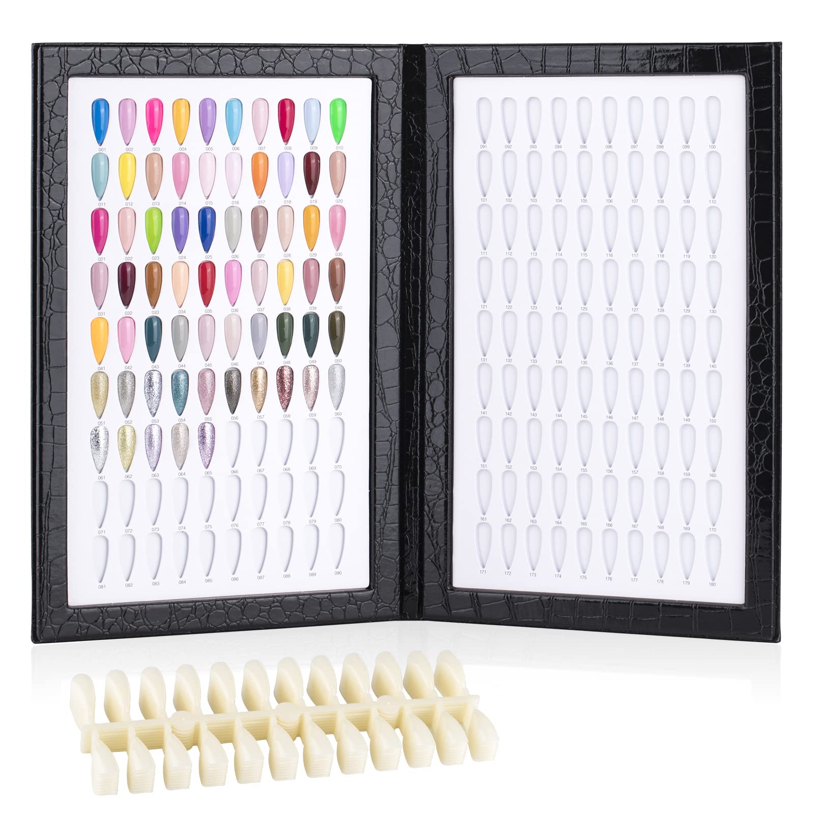 BNG Professional Color Chart Book with 180 Nail Polish Colors and 240 False Tips for Salon Art, Black Leather Display