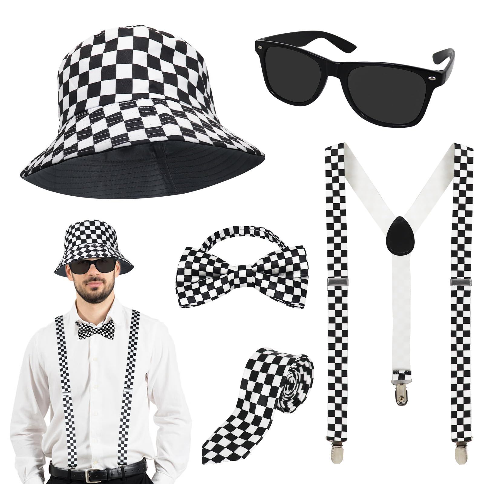 GLGHMH 5pcs Party Suspenders Set, Ska Two Tone Y Back Adjustable Suspenders with 1980s Bucket Hat Sunglasses Bow Tie, 80s Fancy Dress for Men Teen Events Show Party