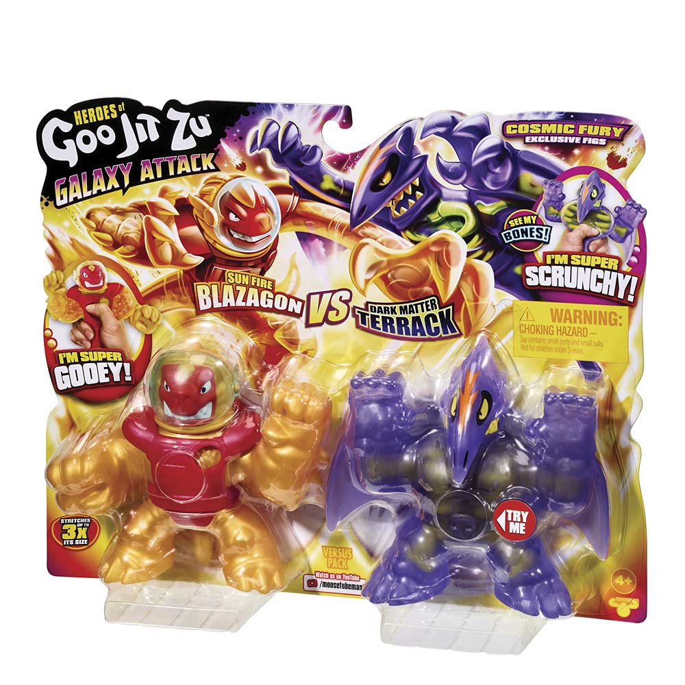 Heroes of Goo Jit Zu BANDAI Galaxy Attack Action Figure Pack 2 Sun Fire Blazagon vs Dark Matter Terrack - CO41169 Multicolor - Stretch and Twist Figures for Action!