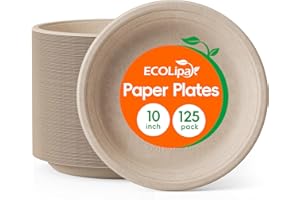 ECOLipak 125 Pack Paper Plates 10 inch 100% Compostable Plates Heavy-Duty Dinner Plates Disposable Bagasse Deep Dish Natural Biodegradable Eco-Friendly Sugarcane Plates(Brown)