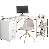 Techni Mobili L Shaped Desk - Two-Toned Computer Desk with Drawers & Storage Shelves - Simple Modern Furniture & Home Office Space Corner Table for Work & Writing