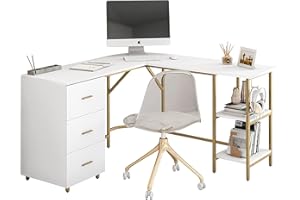 Techni Mobili L Shaped Desk - Two-Toned Computer Desk with Drawers & Storage Shelves - Simple Modern Furniture & Home Office Space Corner Table for Work & Writing
