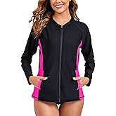 Halcurt Women's Full Zip Long Sleeve Rash Guard Swim Top with Pockets UPF50+ Quick Dry Swimsuit