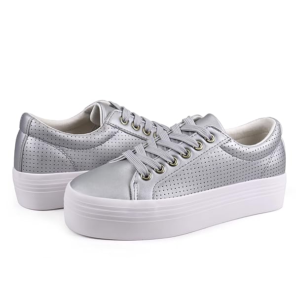 JABASIC WOMEN PLATFORM SNEAKERS BREATHABLE CASUAL LACE UP FASHION WALKING SHOES (6,SILVER)