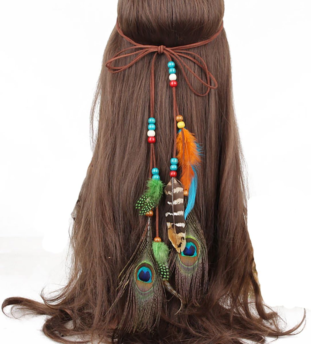 Fodattm Girls Native American Peacock Feather Headband Hair Rope Hoop Bohemian Hairband Headwear Handmade Indian Fascinator Hair Bands Headdress Hair Accessories Belt