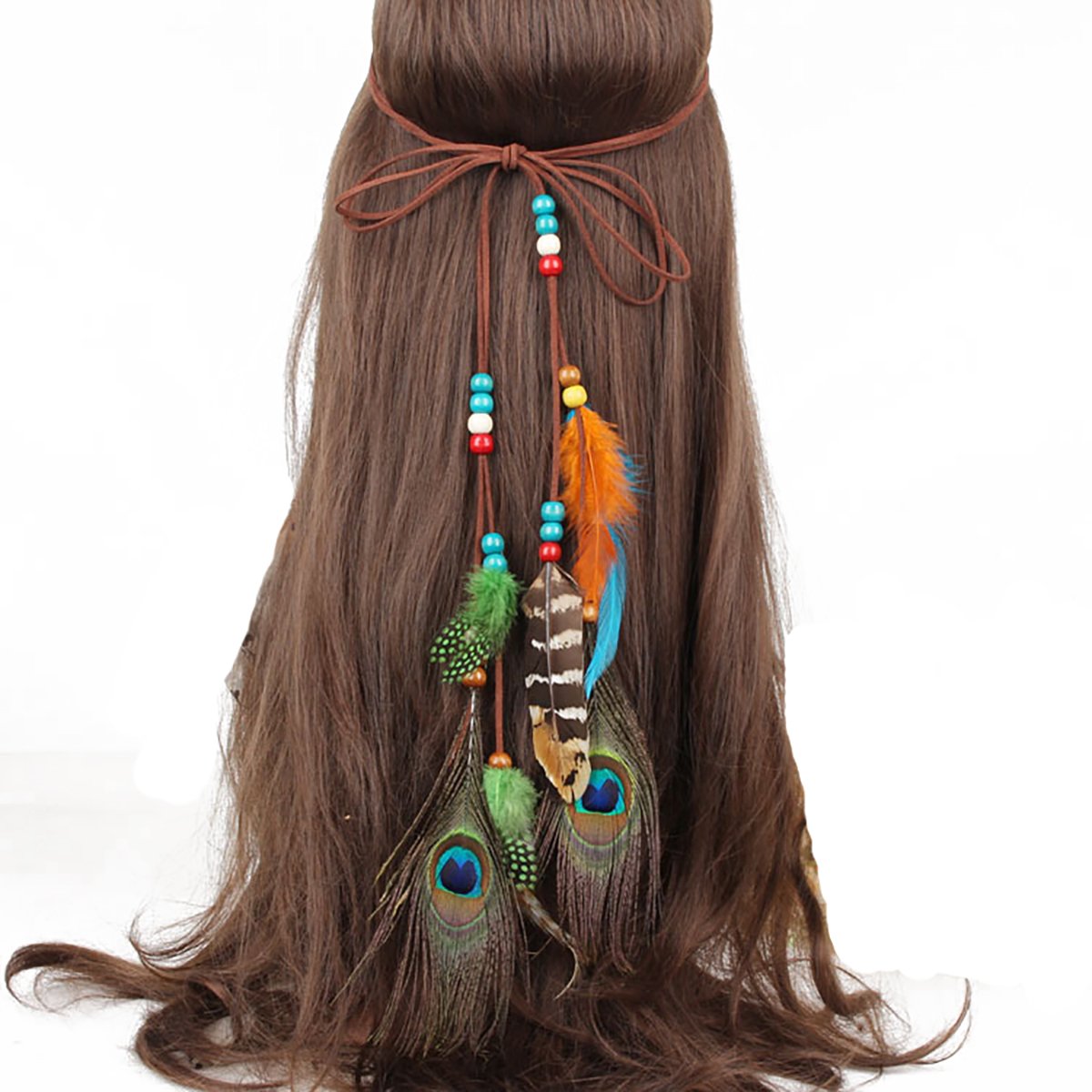 Fodattm Girls Native American Peacock Feather Headband Hair Rope Hoop Bohemian Hairband Headwear Handmade Indian Fascinator Hair Bands Headdress Hair Accessories Belt