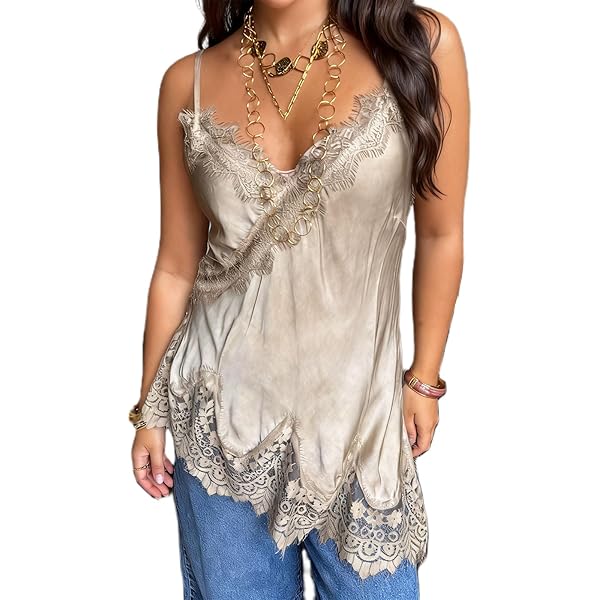 Amazon.com: Women Lace Trim Satin High Low Tops Silk Spaghetti