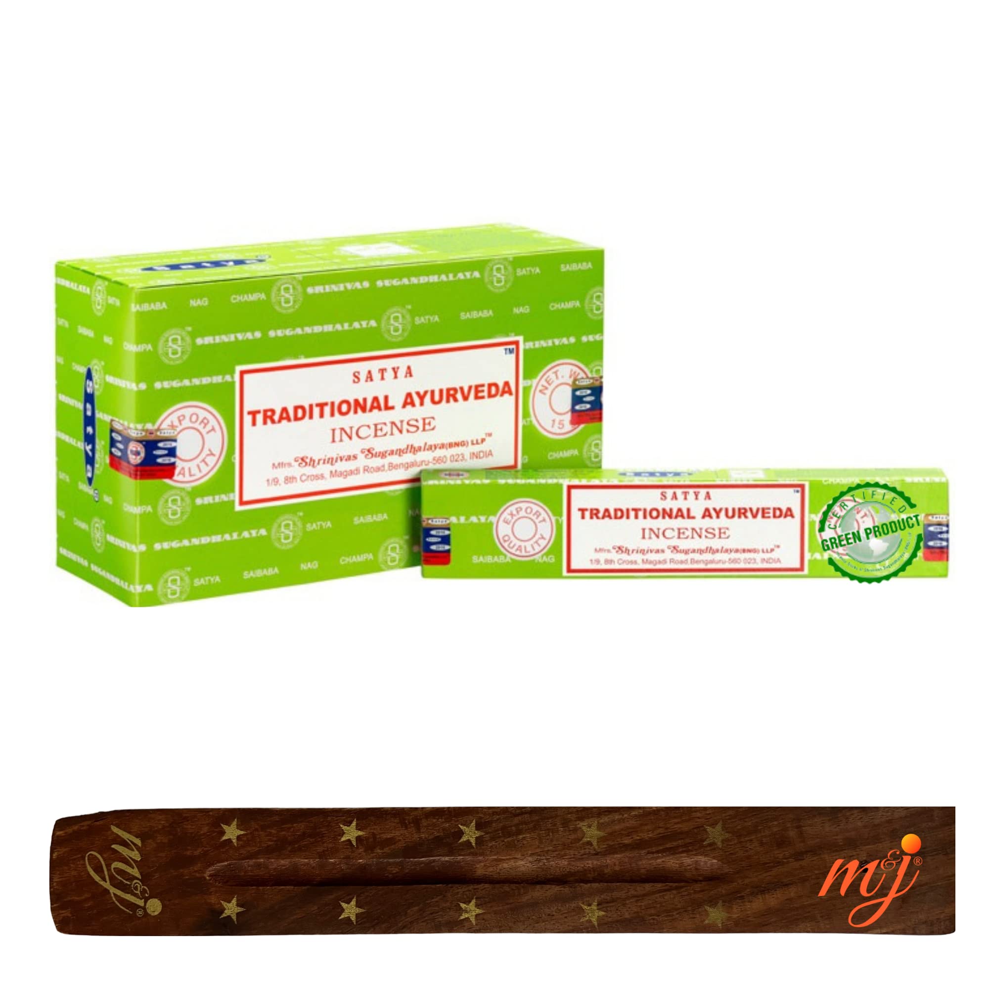 Original Satya Nag Champa Traditional Ayurveda Incense Sticks | with M&J incense sticks holder | Full Box | for Aromatherapy, Spa, Yoga, Weddings, Meditation, Healing, Positivity and Relaxation