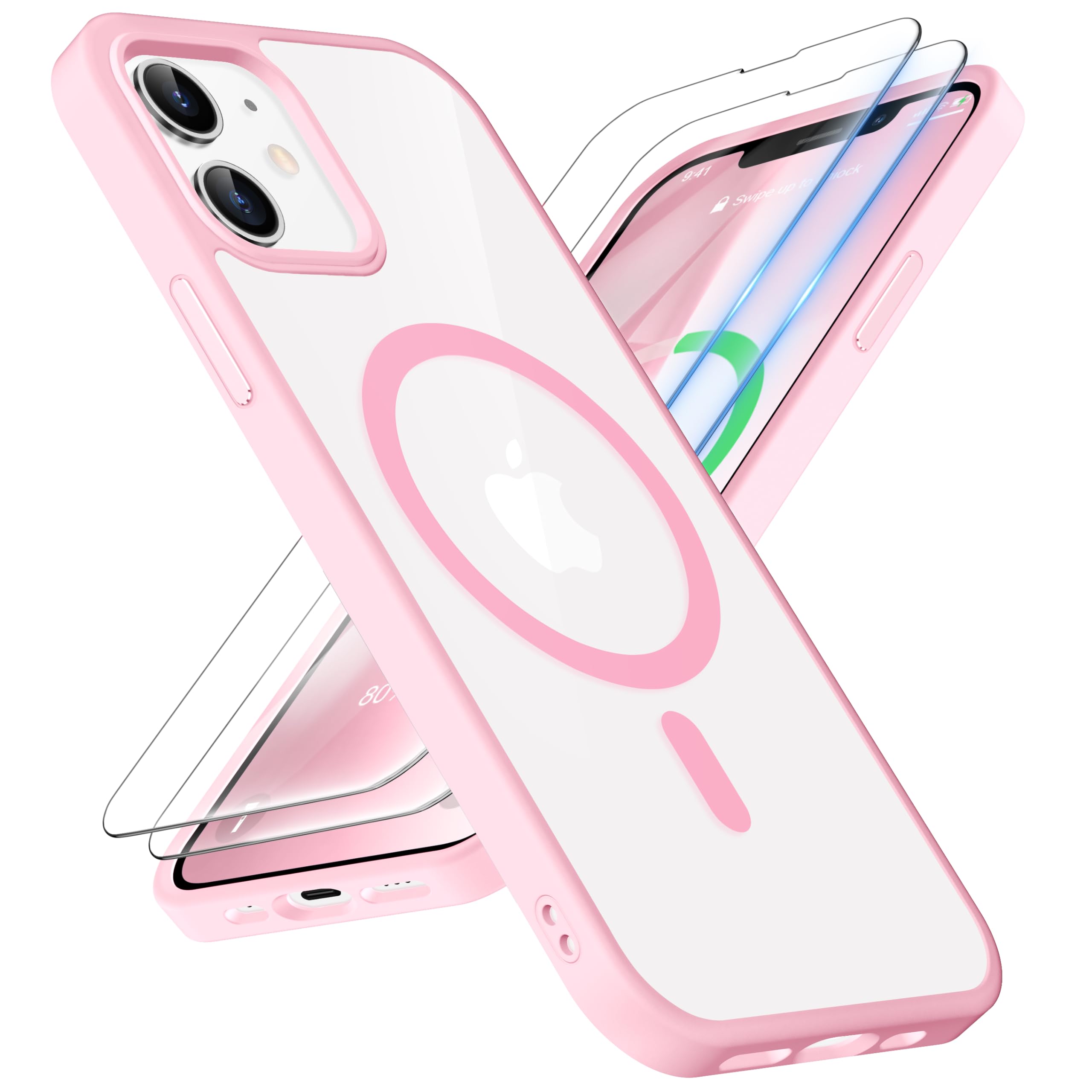 ORETECH Magnetic Case for iPhone 12 & iPhone 12 Pro, Compatible with Magsafe, 2 x Glass Screen Protector, Slim Shockproof Protection, Clear Back Phone Case - Light Pink — image 1