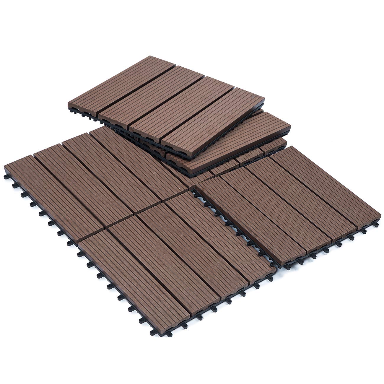 Sunnygalde 12"x12" Wood Plastic Interlocking Flooring Tiles 4-Slats Straight Pattern Interlocking Deck Tiles for Patio,Balcony, Porch, Backyard?6 PCS?