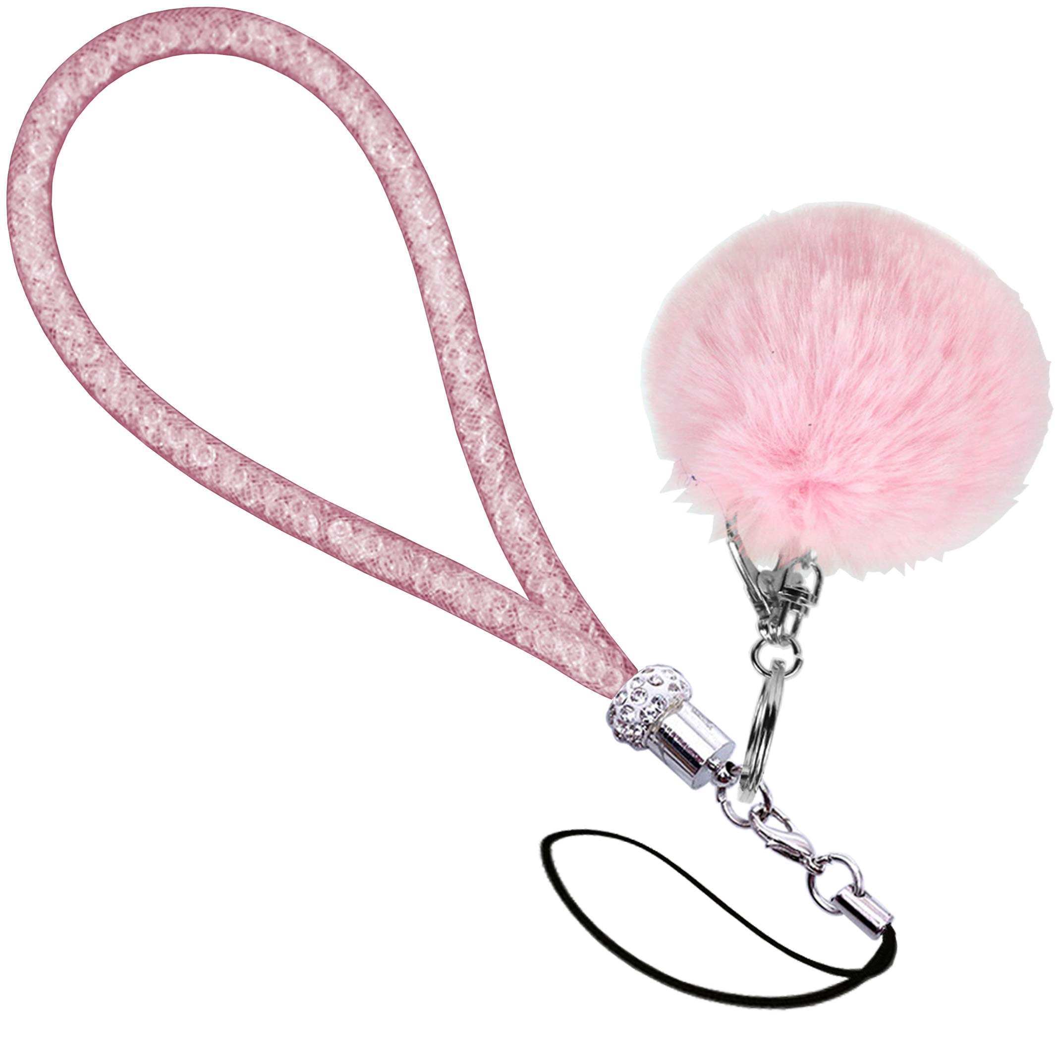 MOTIVE LIFE Lanyard with Pompom and Fishnet Tube Filled with Sparkly Rhinestones,Bling Wrist Strap for Phone,Camera,ID Badge and USB Key,Short-Pink