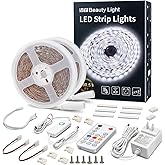 MY BEAUTY LIGHT LED Strip Lights White, 50.5ft Dimmable LED Light Strip with RF Remote, 24v Plug-in Adhesive Rope Lights with Timing Mode for Living Room Bedroom Kitchen
