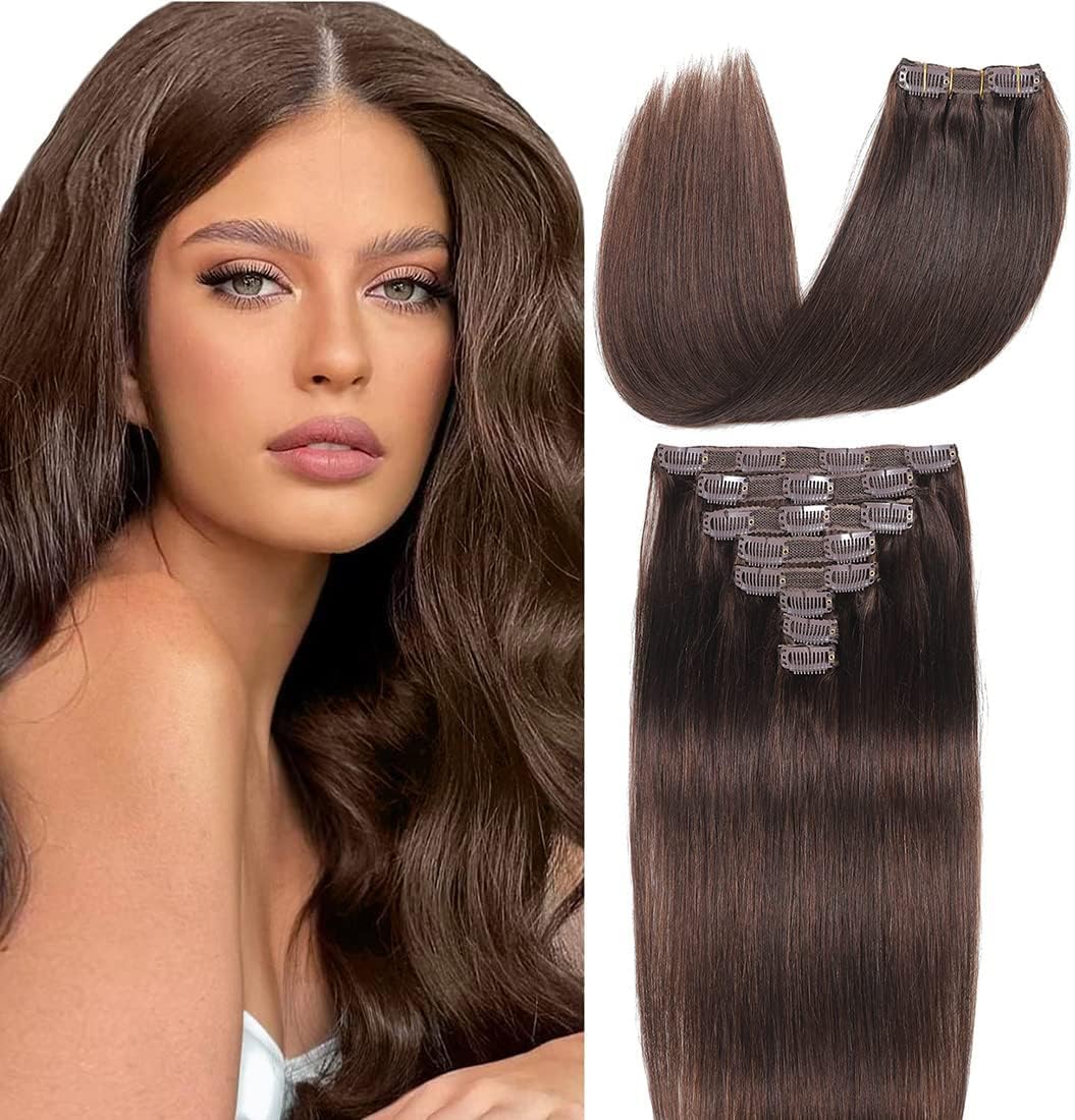 Clip in Hair Extensions Real Human Hair 8 Pieces Straight Real Remy Human Hair Full Head Human Hair Extensions Clip in Double Weft Real Remy Hair (#4 Medium Brown, 14 Inch)