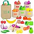 LilKisThk Wooden Play Food Set Color Sorting Toys, Pretend Food for Kitchen Accessories, Toddler Fruit Veggies Cutting Toy, Grocery Store Pretend for Kids