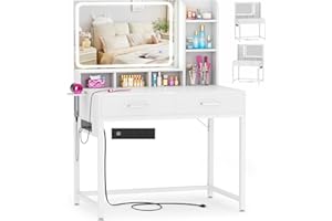 CYCLYSIO Small Vanity Desk, Vanity Desk with Mirror and Lights, Makeup Vanity Desks with Power Strip, Vanity Table with Drawers and Shelves, Adjustable Lighting, Dressing Table for Bedroom Dressing Room, White