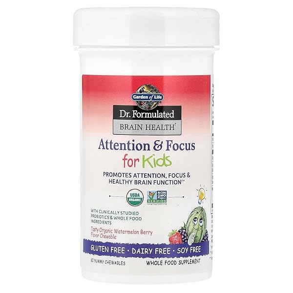 GARDEN OF LIFE DR. FORMULATED ATTENTION AND FOCUS FOR KIDS, SUPPLEMENT PROMOTES HEALTHY BRAIN FUNCTION, CONCENTRATION WITH ORGANIC WILD BLUEBERRY, PINE BARK, VITAMIN C, D AND PROBIOTICS, 60 COUNT
